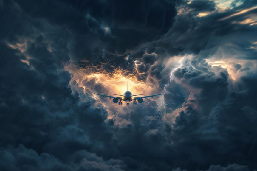 Airplane navigating through stormy skies with dark clouds and turbulence.