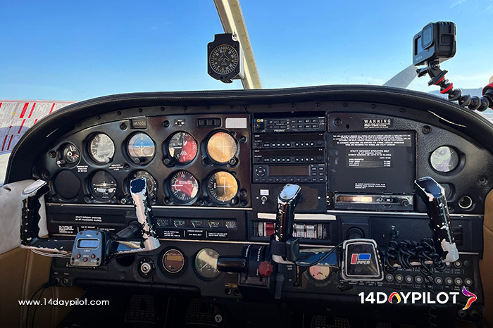 A cockpit view showcasing the Basic Six Pack instruments in an IFR-rated aircraft, designed for precise navigation in all conditions.