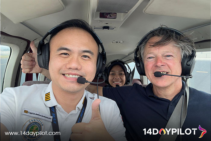 Nick Griffin receiving one-on-one flight instruction from the Chief Instructor at 14DAYPILOT during his CPL training.