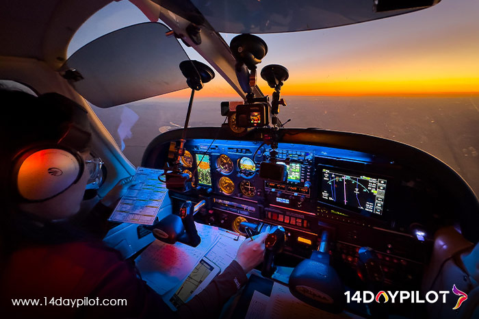 Cockpit view during simulator-based IFR training with radio practice